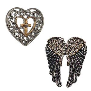 VTG Brooch 2PC Religious Christian Faith Love Heart Angel Wing Cross SilverTone